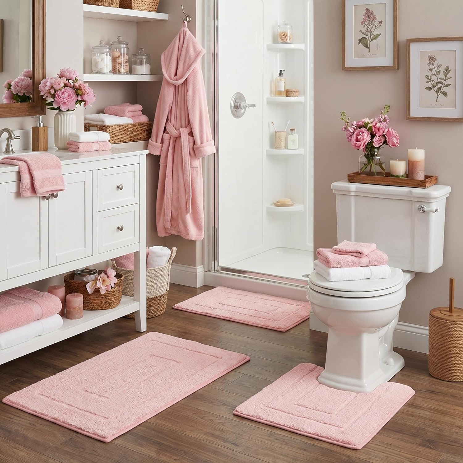 GRANNY SAYS Bathroom Rugs Sets 3 Piece, Soft Absorbent Microfiber Bath Mats for Bathroom Non Slip Washable, U-Shaped Toilet Bath Rugs for Tub Shower (Pink, 16" x 24" + 20" x 32" + U Shaped 20" x 24")