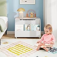 Vista 9 de Costzon Caja de juguetes de madera, organizador de almacenamiento de juguetes para niños con estantería frontal, tapa abatible, bisagra