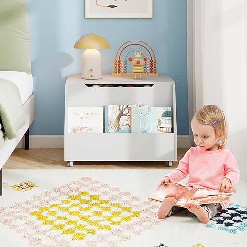 Miniatura 9 de Costzon Caja de juguetes de madera, organizador de almacenamiento de juguetes para niños con estantería frontal, tapa abatible, bisagra