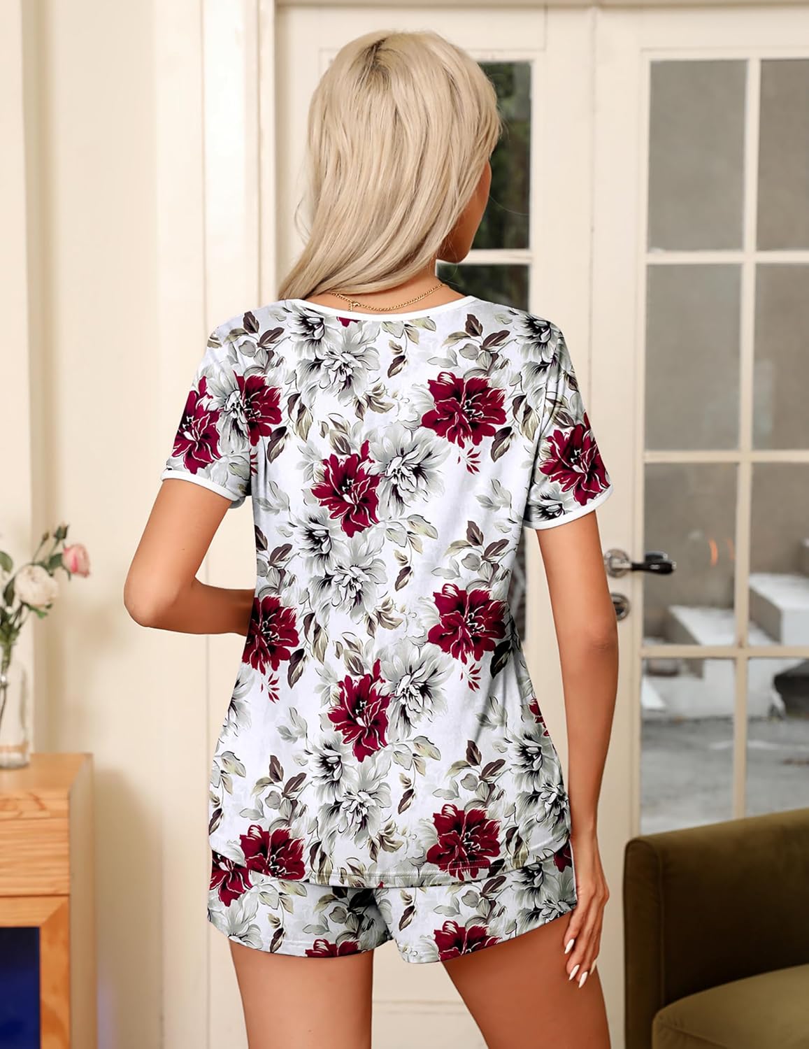 Ekouaer Pajama Set for Women 2 Piece Lounge Set Short Sleeve Tops and Shorts Soft Sleepwear, Chest Pocket - Image 4