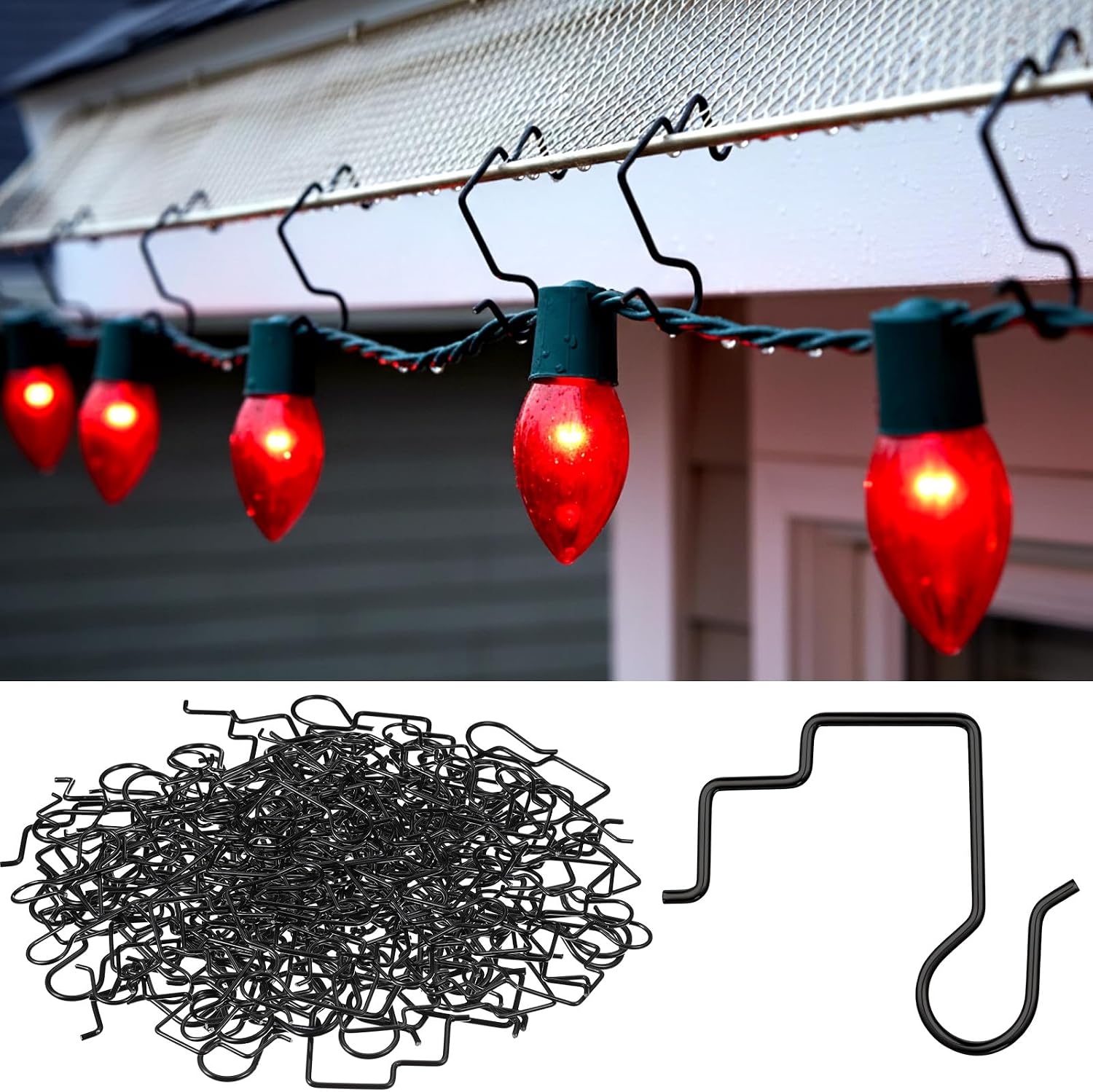 Duraaamo 100 Pcs Gutter Hooks Clips for Christmas Outdoor Lights Hanging Gutter Guards Stainless Steel Light Hooks Clips for Outdoor Halloween Christmas Mesh Leaf Filter Eaves Fences (Black)