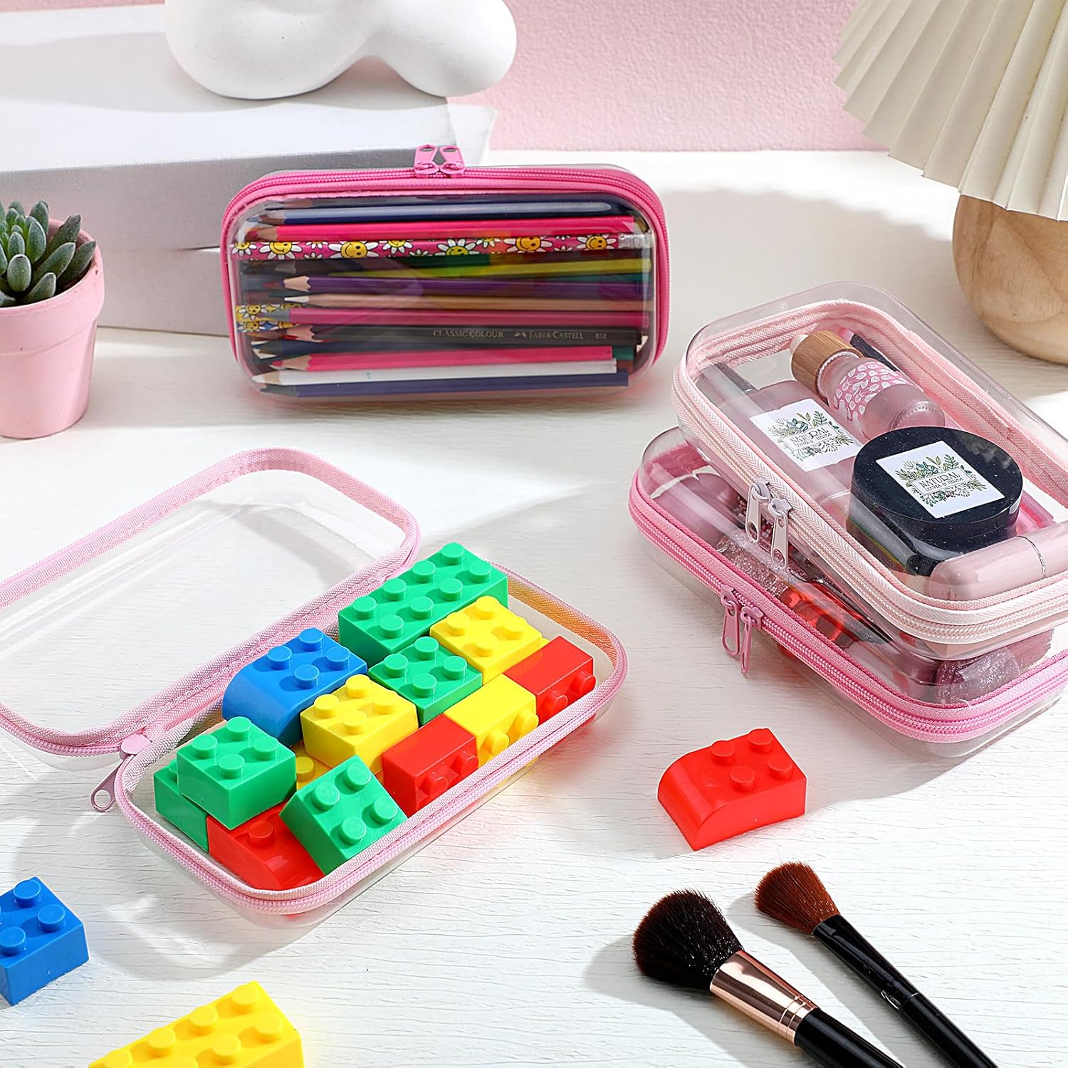 Hoolerry 4 Pcs Hard Clear Zipper Case Makeup Bags Plastic Zipper Pouch Transparent Storage Box Containers for Cosmetics, Snacks, Building Blocks, Puzzles(Clear,7.5 x 3.9 x 2 in,Pink)