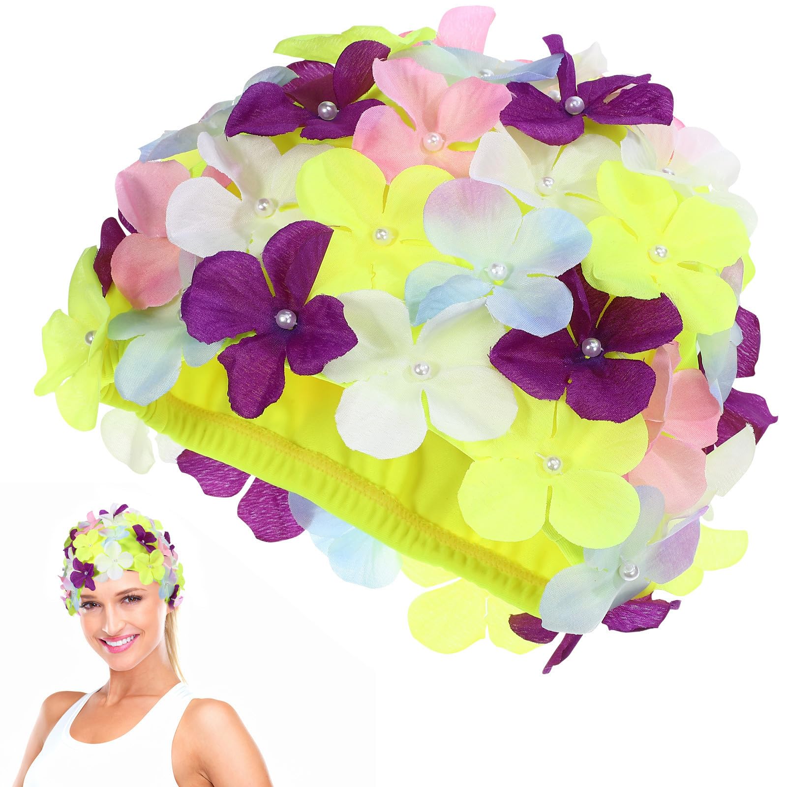 TOPPERFUN 1 PCS Swimming Cap, Women Swimming Hat for Long Hair, Floral Petal Nylon Swim Caps, Stylish Bathing Ca·p for Ladies Water Sports, Breathable Fabric Headwear, Colorful, 8.65 x 5.89 Inch