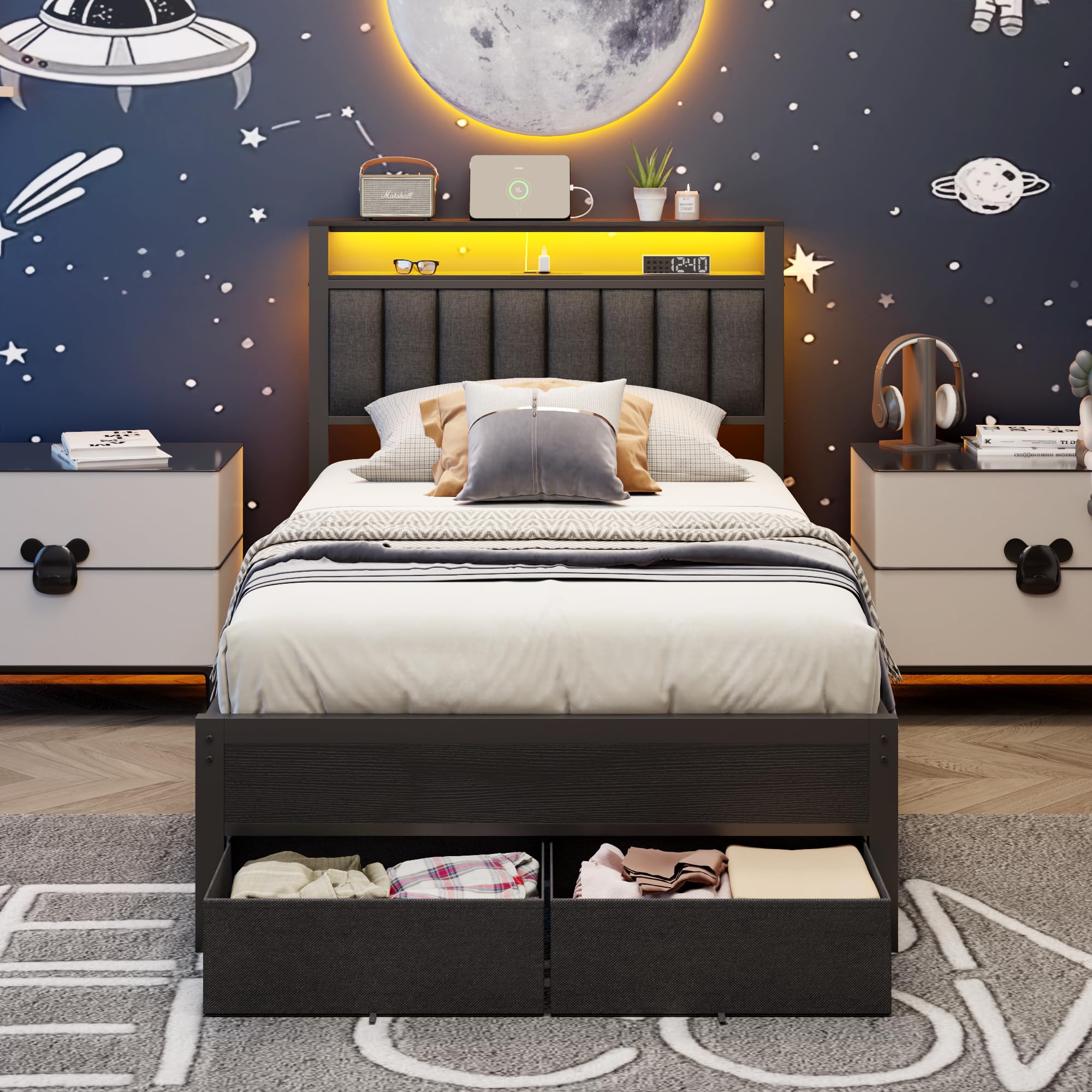 Best Twin Bed Frame with Storage 2026 4 Furnulem Twin Bed Frames with Storage Drawers and Upholstered Headboard — product photo