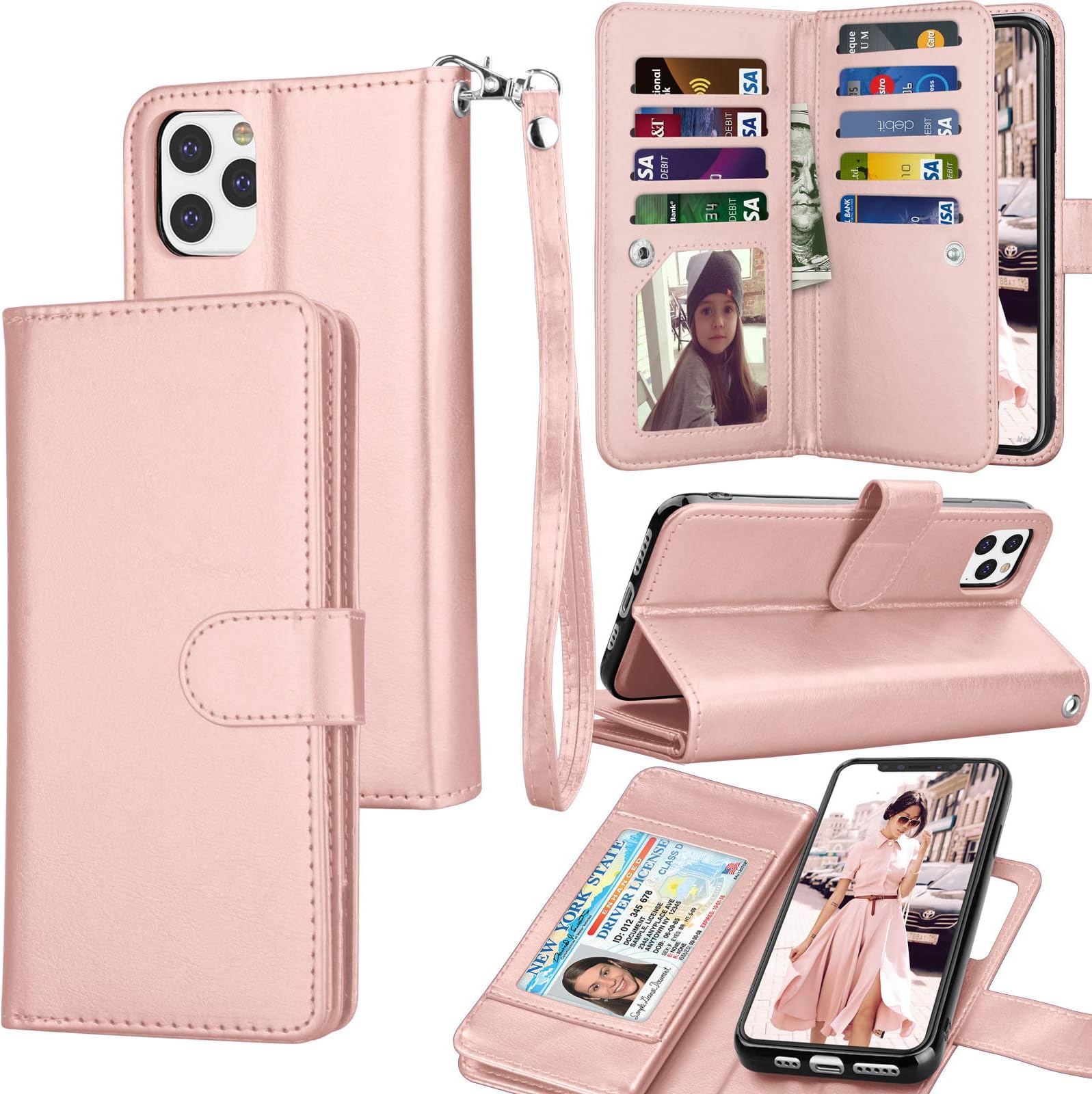 Eutekcoo Wallet Case for iPhone 11 / iPhone11 (6.1 inch) 2019 Luxury ID Cash Credit Card Slots Holder Carrying Pouch Folio Flip PU Leather Cover [Detachable Magnetic Hard Case] Lanyard - Rose Gold