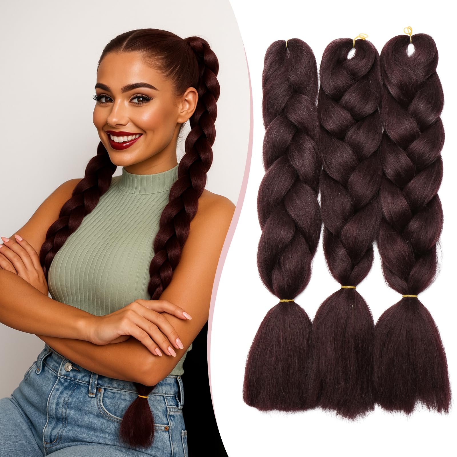 SEGO Pro Braiding Hair Extensions 24 Inch Yaki Synthetic Jumbo Box Braid Hair for Crochet Twist Braids for Women Pack of 3 (Dark Auburn)
