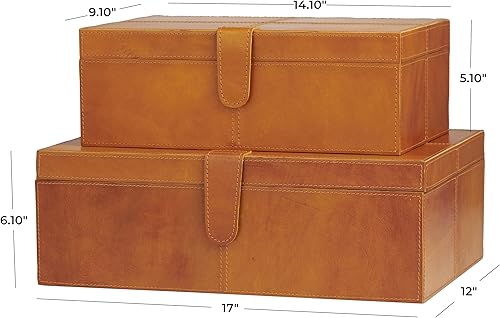 Miniatura 6 de Deco 79 Caja decorativa de cuero hecha a mano con cierre frontal a presión y costuras detalladas, juego de 2 cajas de almacenamiento de 17 pulgadas,