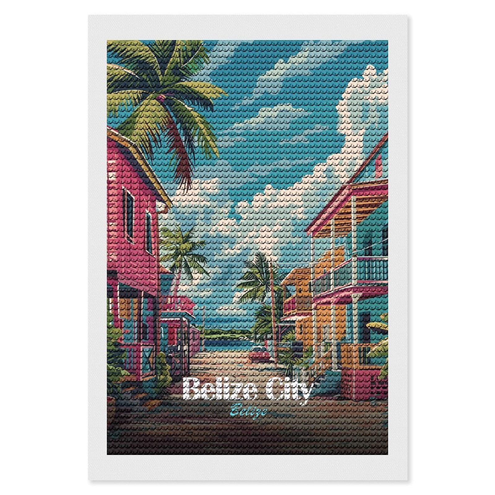 Junmoney Belize City Travel Full Drill Diamond Painting Kit 8"x12", for Teens, Calming Craft to Unwind, Home Wall Decor, Christmas Gift
