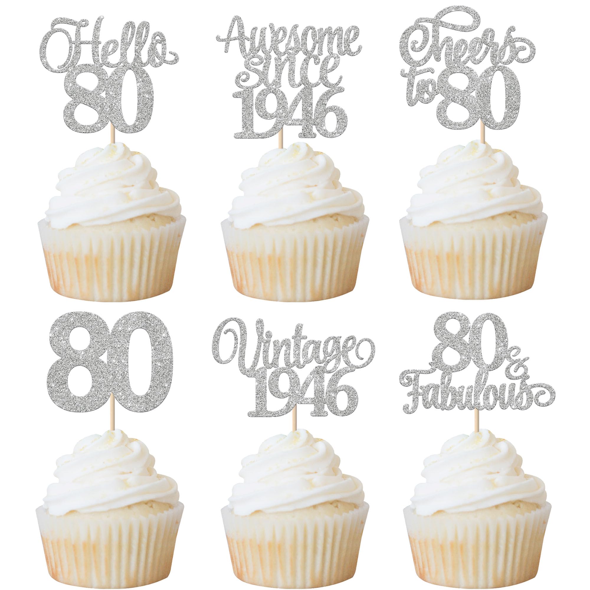 Xsstarmi 24 Pack Vintage 1946 Cupcake Toppers Glitter Silver Hello 80 Fabulous Eighty Cupcake Picks Cheers to 80 Years Birthday Cake Decorations for Happy 80th Birthday Anniversary Party Supplies