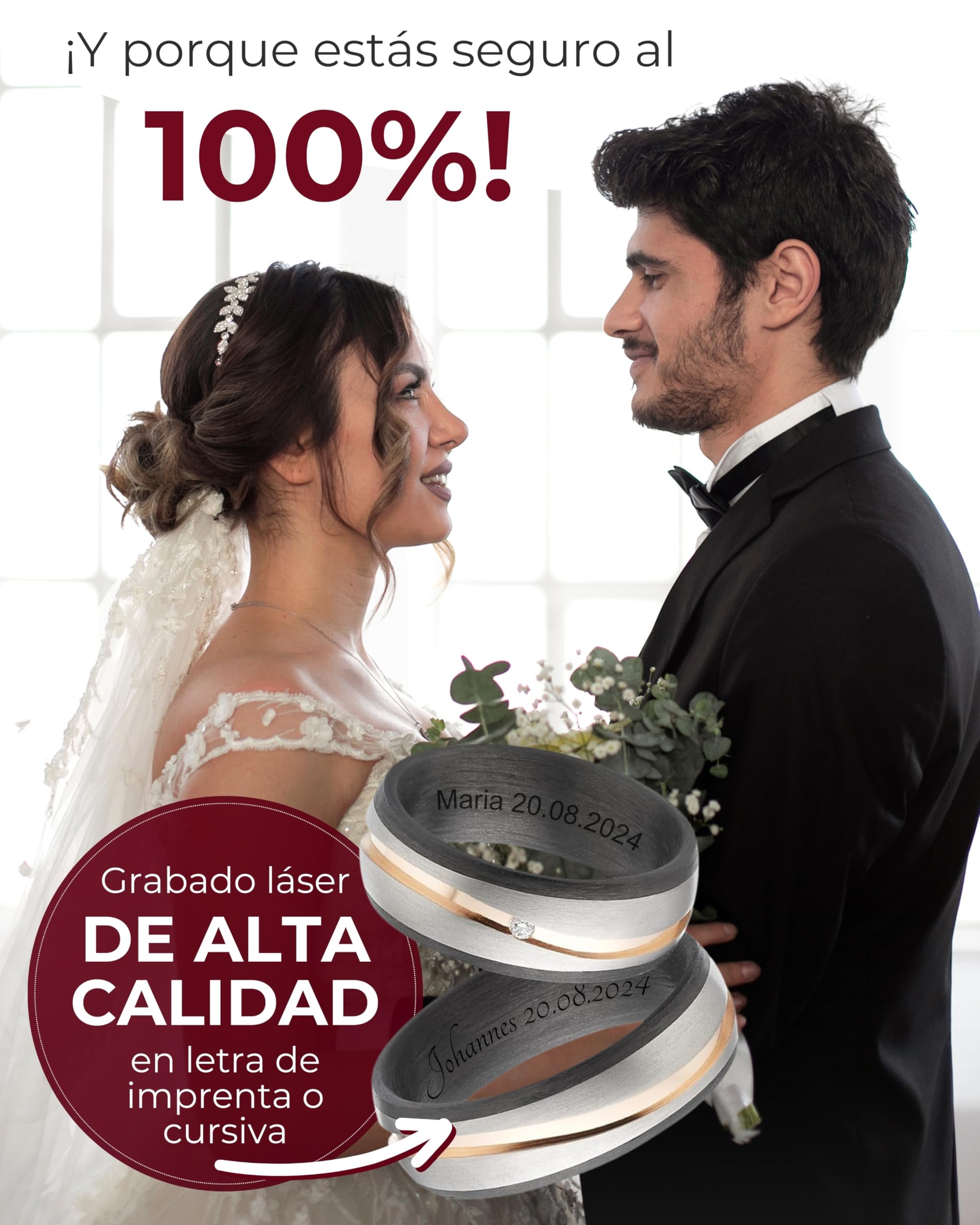 123traumringe Anillos de Boda en Carbono y Titanio con Baño de Oro Rosado, Brillante y Estuche - Grabables 7mm de Ancho, Tamaño 50-74mm S84