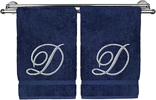 Monogrammed Hand Towel, Personalized Gift, 16 x 30 inches - Set of 2 - Silver Embroidered Towel - Extra Absorbent 100% Turkish Cotton- Soft Terry Finish Bathroom, Kitchen Spa- Script D Navy