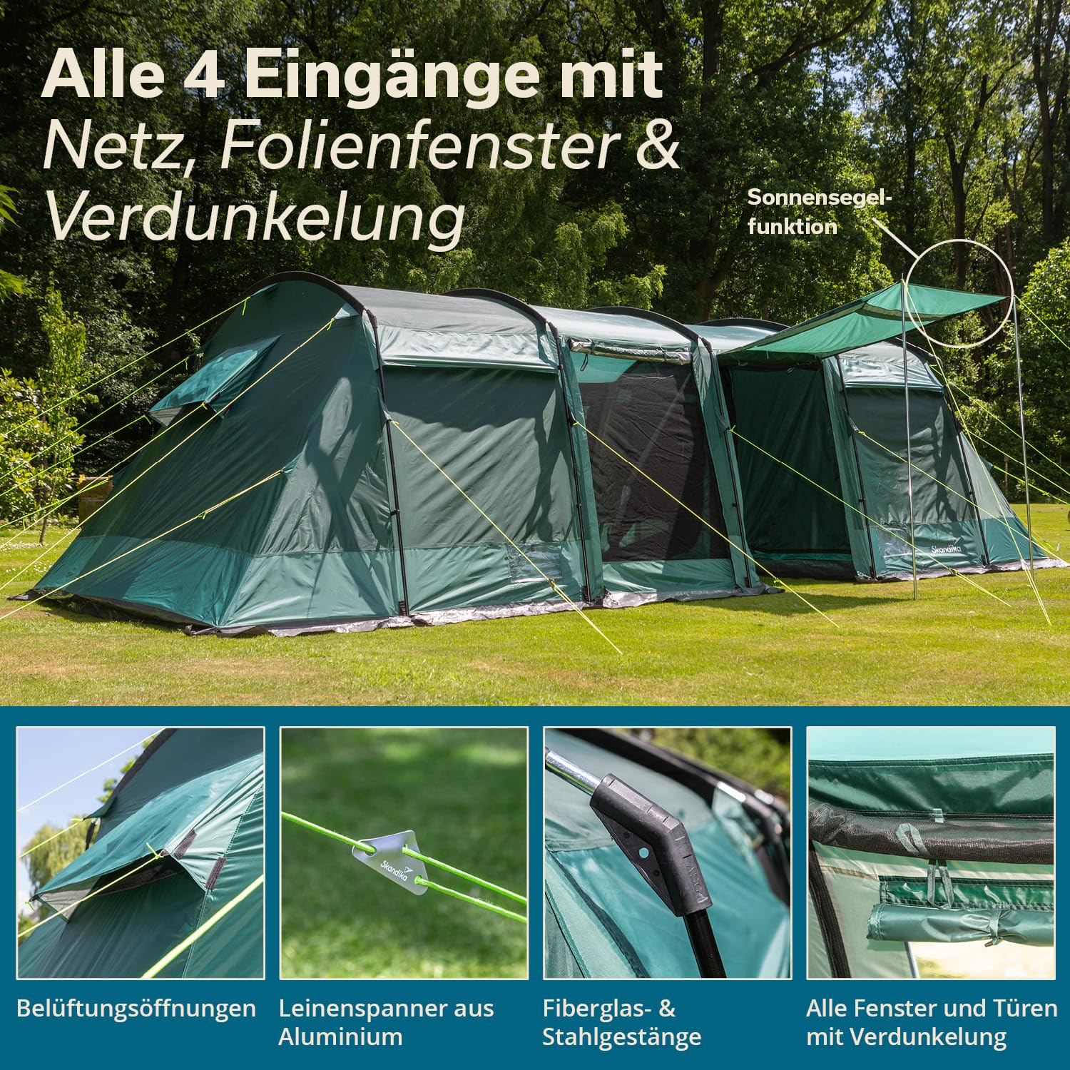 Skandika Tunnelzelt Montana 8 Personen | Camping Zelt mit/ohne eingenähten Zeltboden, mit/ohne Sleeper Technologie, 3-4 Schlafkabinen, 5000 mm Wassersäule, Moskitonetze | großes Familienzelt