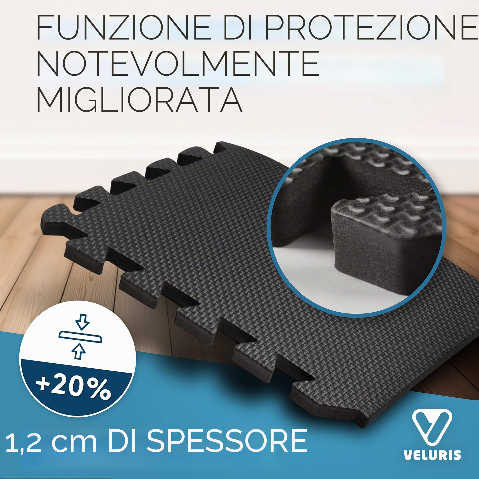 Veluris Tappetino protettivo per pavimento [31 x 31 cm] - 18 tappetini extra spessi [20% di protezione in più] - Tappetino protettivo antiscivolo per palestra, fitness, pavimento sportivo, tappetino