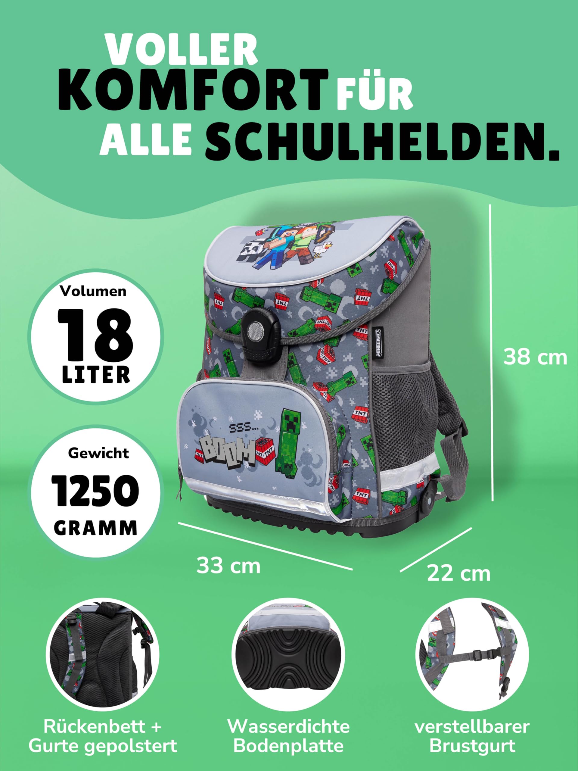 Familando - Schulranzen Set 6-teilig mit Federmappe - Minecraft - Ergonomisch, stabil & mit gepolstertem Rücken - 1250g leicht - 18L Volumen - Mit Reflektoren - Für Grundschule ab 1. Klasse