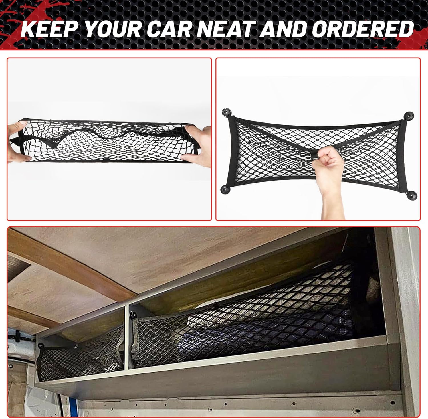 RED WOLF 2 Pcs Universal Cargo Net Pocket Elastic Mesh Netting Car Mesh Pouch for Trunk RV Boats Home Cargo Storage Mesh 23.6'' x 9.8'' w/2 Layer Small Mesh Cargo Net Elastic Storage Netting 14"x10"