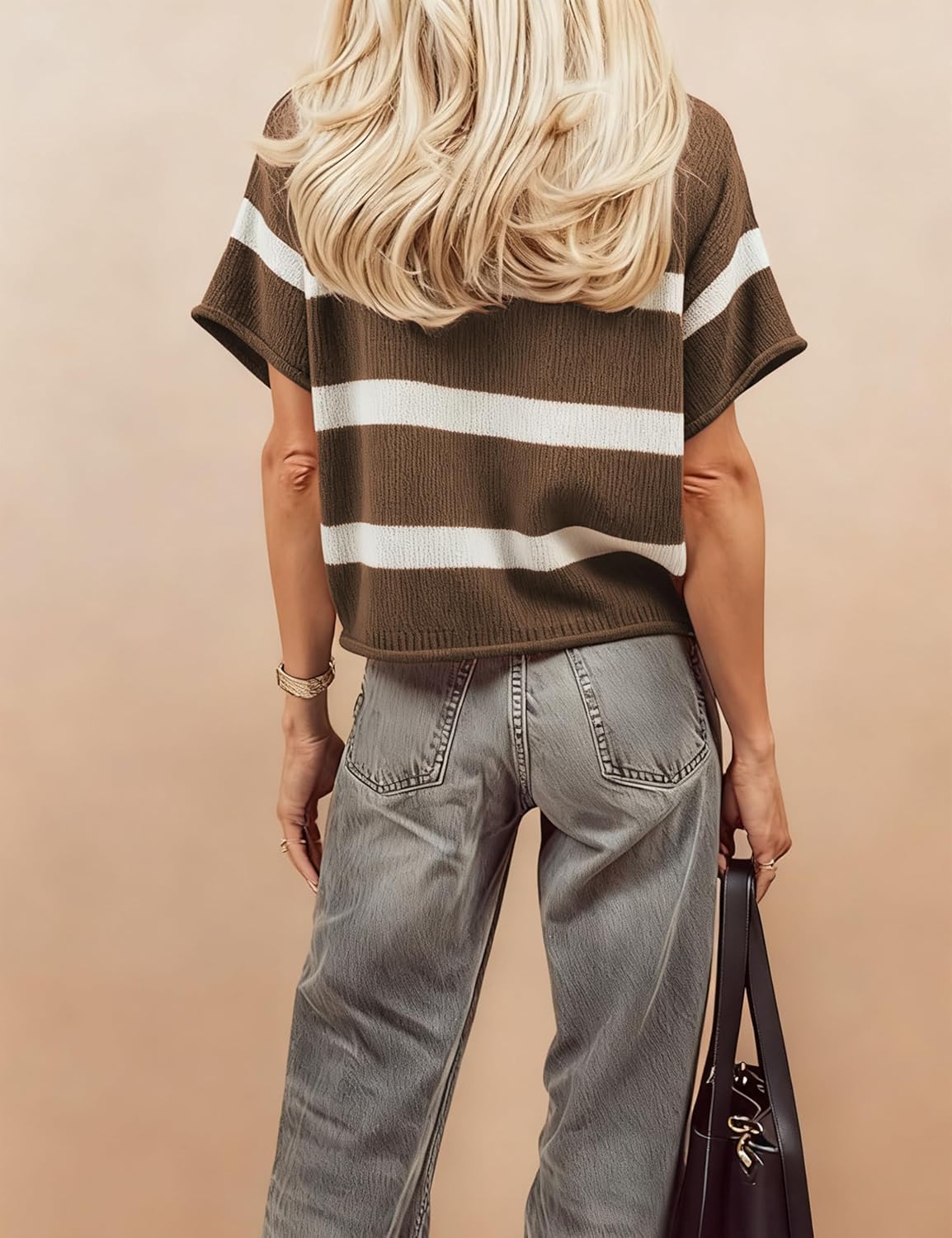 Women's Short Sleeve Knit Tops Crew Neck Striped Sweaters Dressy Casual for Summer Spring Fall - Image 3