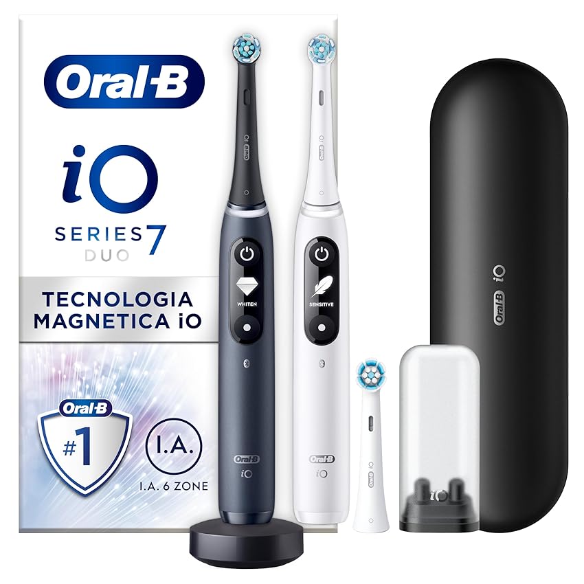 Immagine del prodotto Oral-B Spazzolino Elettrico Ricaricabile iO 7N, Sensore di Pressione, Display Interattivo, Intelligenza Artificiale, 3 Testine, 1 Custodia da Viaggio, Nero e Bianco, Idea Regalo (2 SPAZZOLINI)