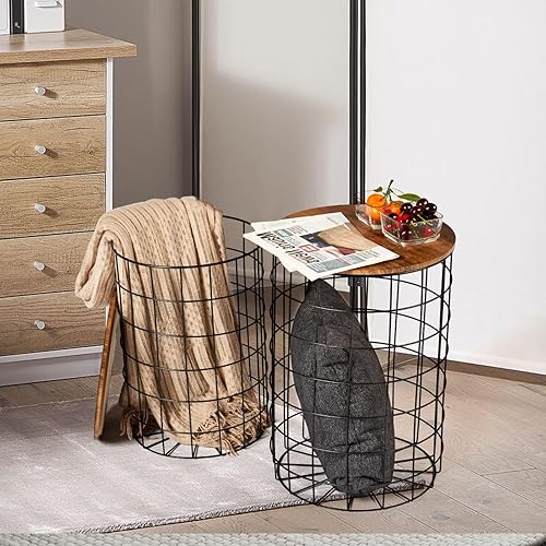 Mesa auxiliar anidable con almacenamiento, mesas laterales redondas de alambre con tapa, parte superior rústica extraíble y marco de acero para sala