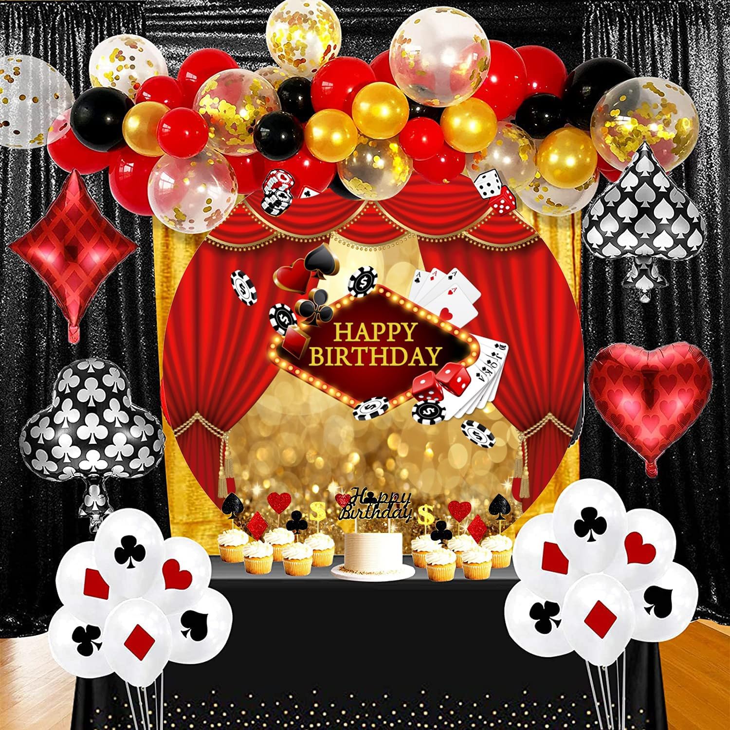 Renaiss 7.2x7.2ft Las Vegas Happy Birthday Round Backdrop Cover Casino Night Golden Glittering Bokeh Circle Photography Background Poker Dice Red Curtains Birthday Party Decors Arch Photo Booth Props