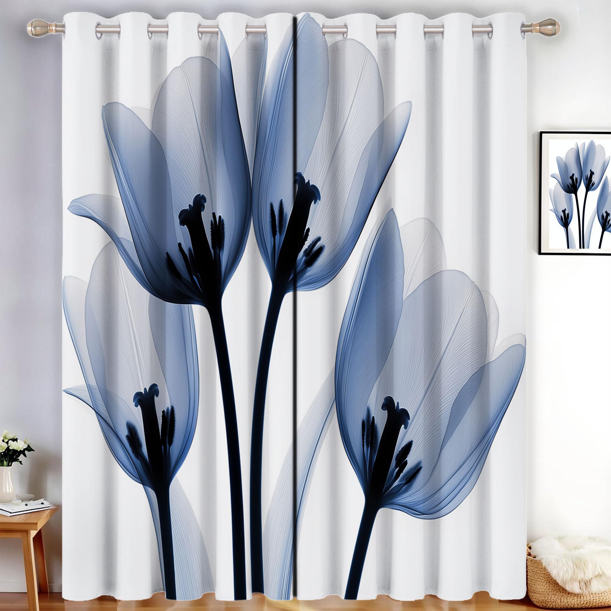 Rideaux Occultant Fleurs Élégantes, Rideau Occultant Tulipe Rideau Thermiques Isolants Anti Froid et Chaleur Bleu Gris Rideaux À Oeillets pour Chambre Cuisine Lot de 2, 117L X 137H cm