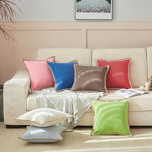 Miniatura 4 de FY FIBER HOUSE Paquete de 2 fundas de almohada decorativas de granja, lino sintético de arpillera con bordes a medida, fundas de cojín para sofá,