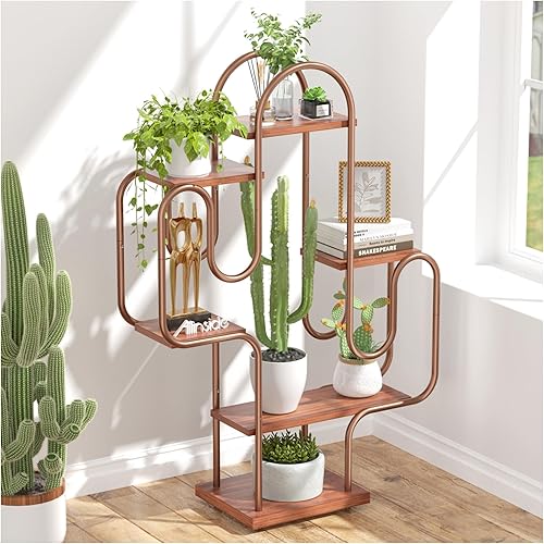 Allinside Cactus Corner Plant Stand, 6 Tiers Multipurpose Bookshelf, Heavy-Duty Metal Corner Shelf, Creative Tall Display Rack, Rustic Bookcase for Living Room, Bedroom, Home Office and Balcony