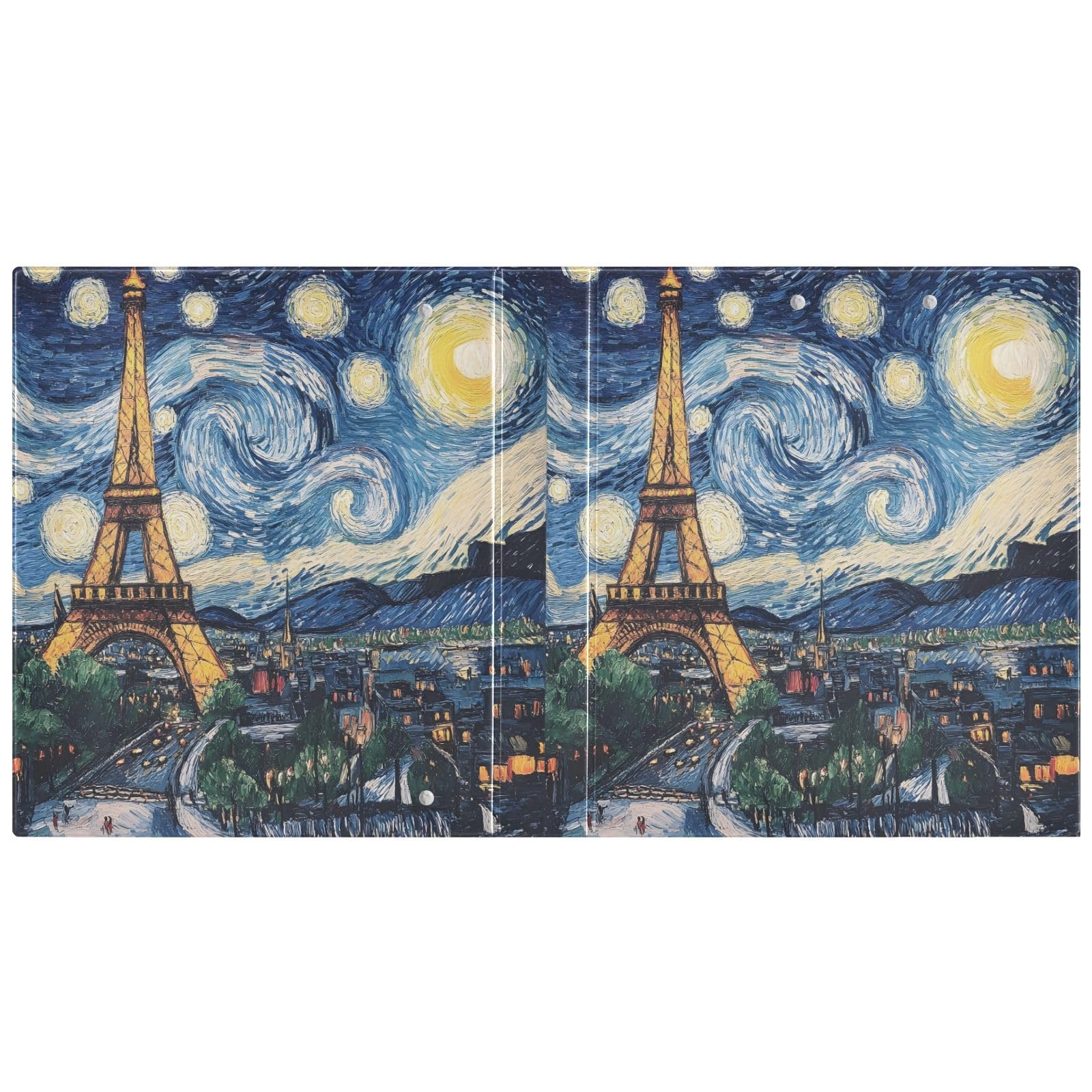 Confezione da 2 raccoglitori ad anelli, motivo Parigi Eiffel, notte stellata, con portablocco, grandi raccoglitori a 3 anelli, per scuola, università, ufficio