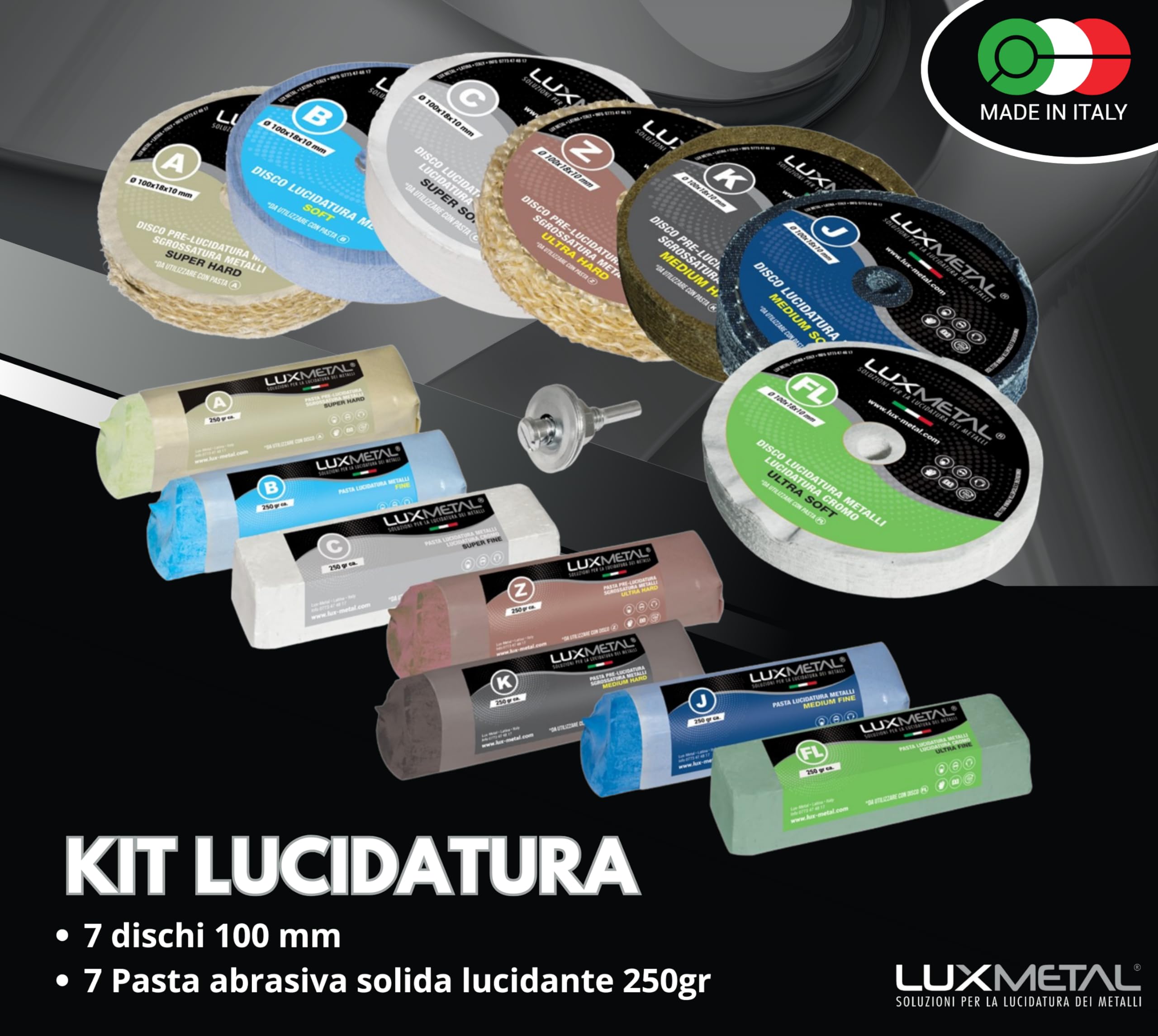 Lux Metal Kit Lucidatura 7 Pasta Abrasiva Lucidante 250 gr e 7 Disco Lucidatura 100 mm in Cotone Trapano Mola Dischi Per Lucidare Acciaio Inox Metalli Alluminio Set Lucida Ottone Cromature feltro Rame