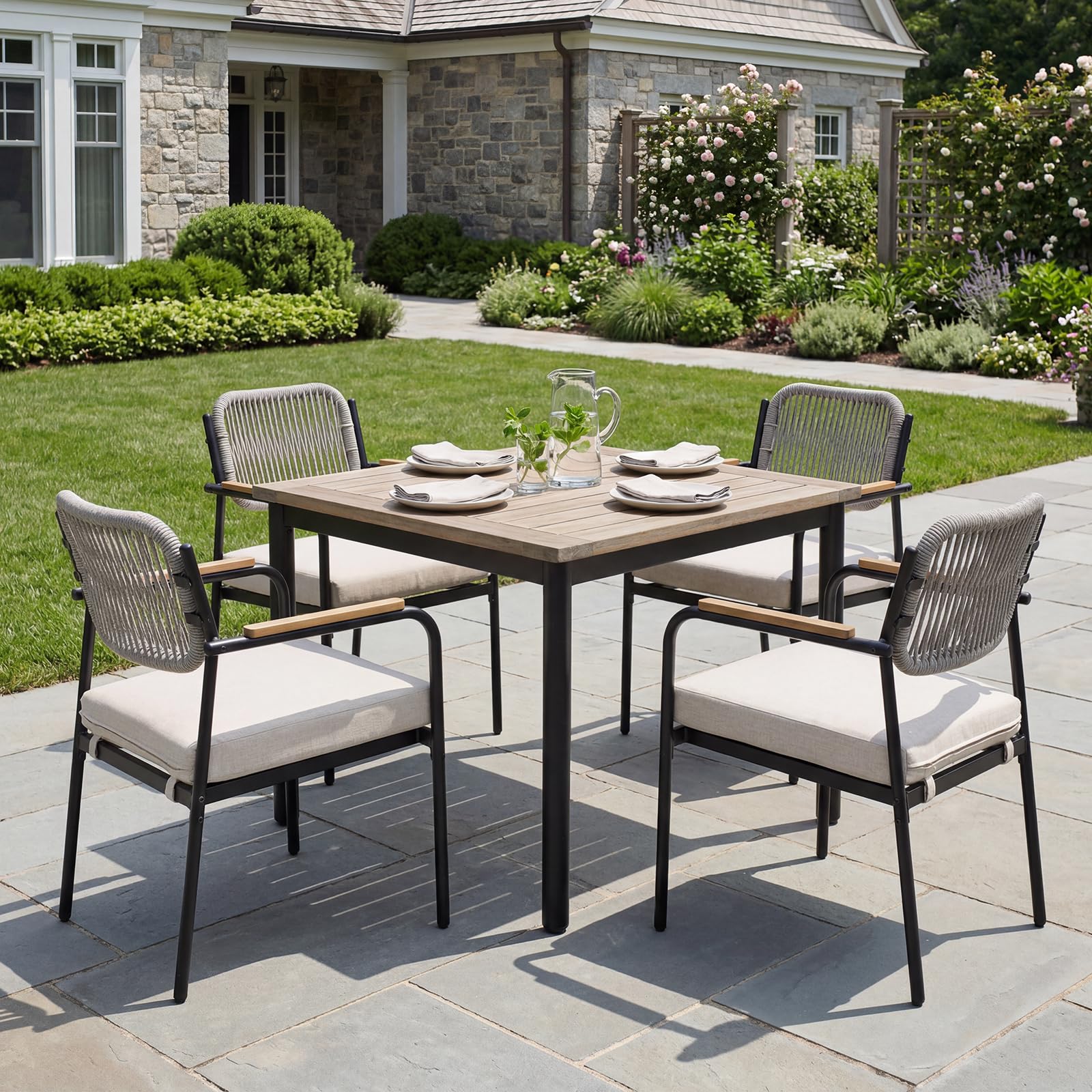 Ya-Home Gartenstühle 4er Set wetterfest, Terrassenstühle, Gartensessel Outdoor Loungesessel mit 8 cm Sitzkissen, witterungsbeständig, Balkonstühle Metall für Garten, Terrasse & Balkon, Beige