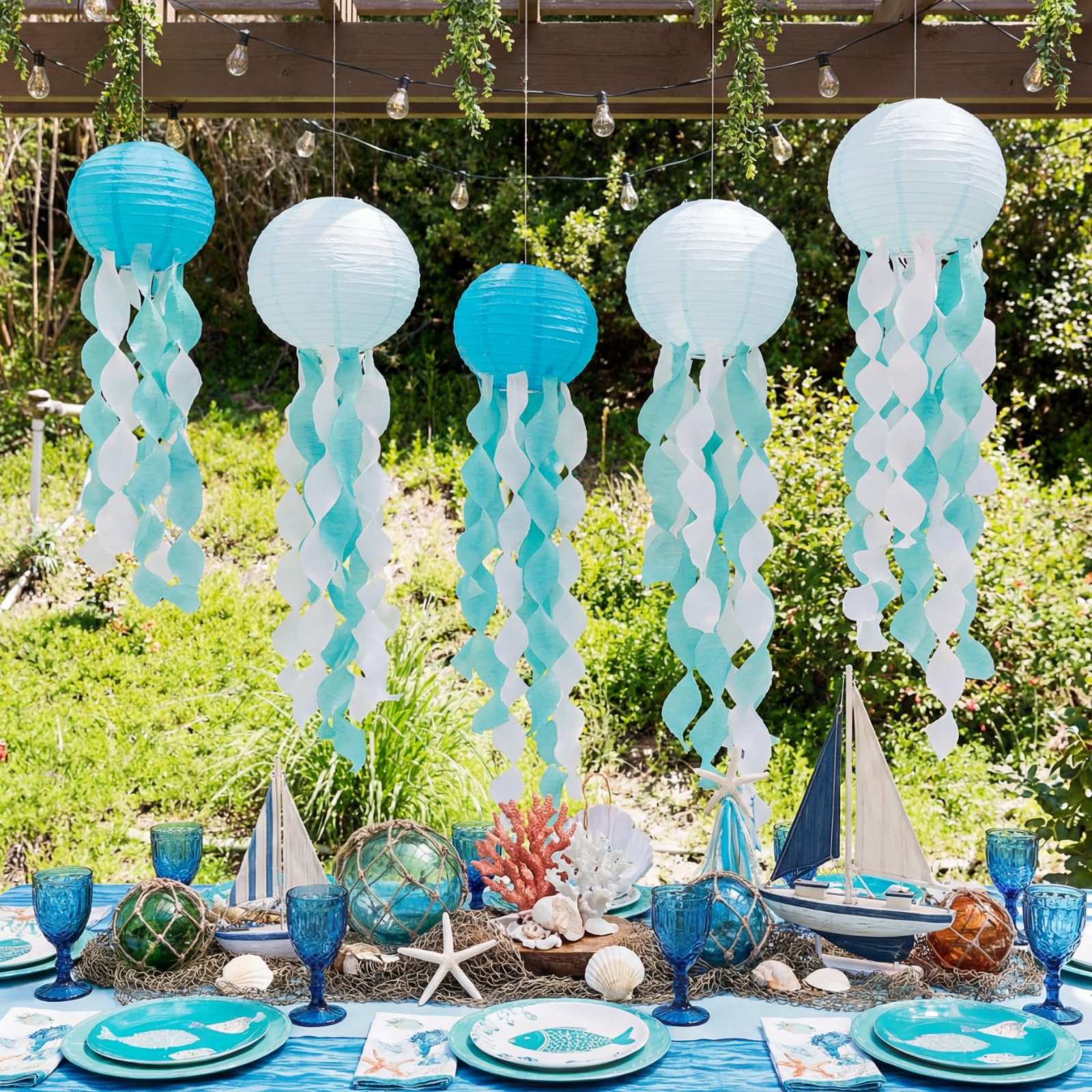 VioraWhite 21 piezas de decoración de fiesta de cumpleaños de playa oceánica, 6 linternas de papel de medusas colgantes de 9.8 pulgadas, 12 conchas de resina, 2 guirnaldas de burbujas para decoración