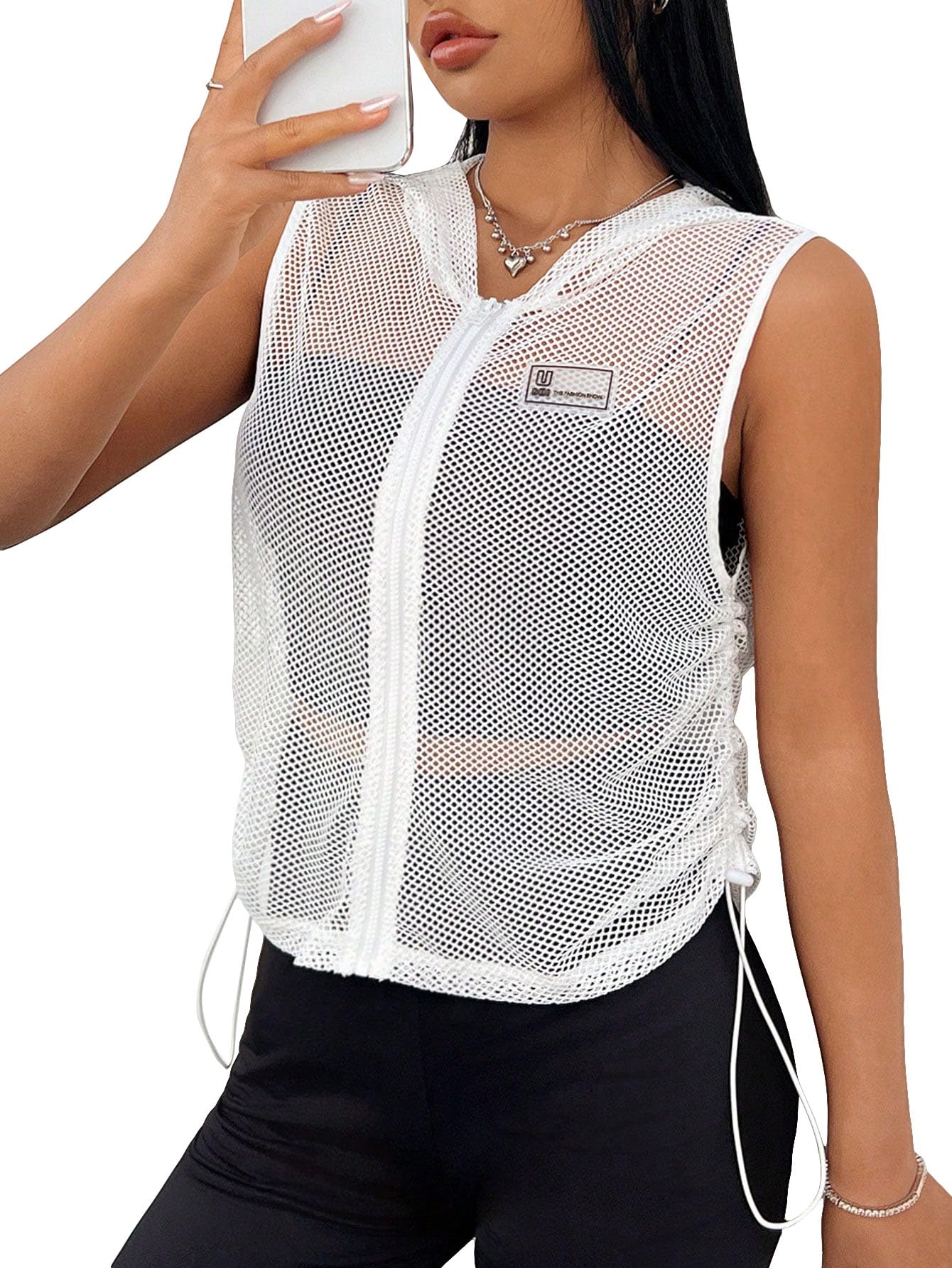 Sweatyrocks Womens Fishnet Mesh Hooded Sports Tank Top Zip Up