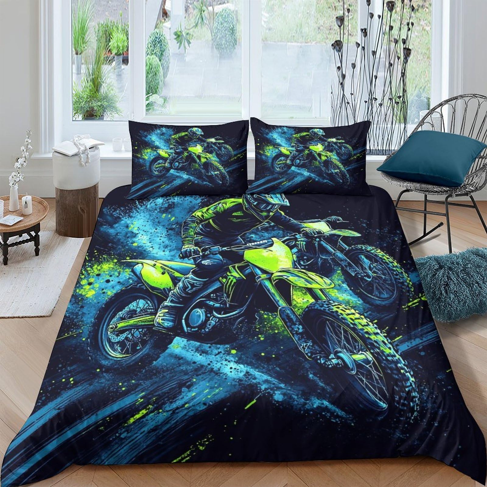 Ctjqhvkz Style-2 3D Printed Neon Motocross Fitted Sheet Microfiber Soft Bedroom Decor Graffiti Bike Mattress Cover Single（135X200cm）