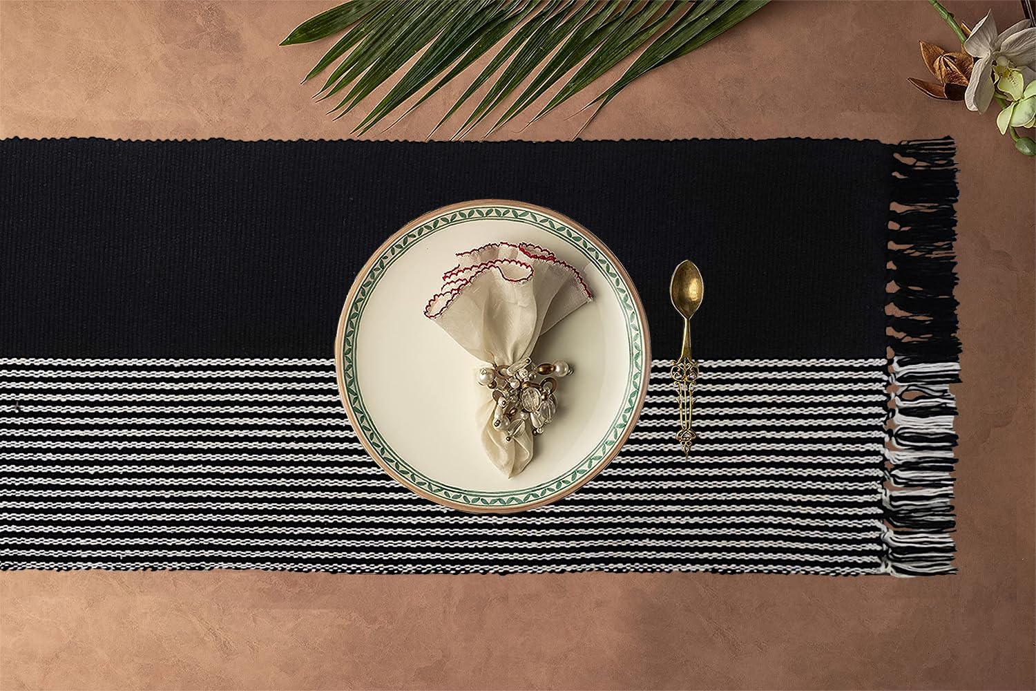 STONEMUNKSTONEMUNK Hand-Made Organic Cotton Multipurpose Table Runner Linen - (Size, 14 x 60 Inches) (Black & White) & Dining Table for Guestroom, Party, Restuarant.