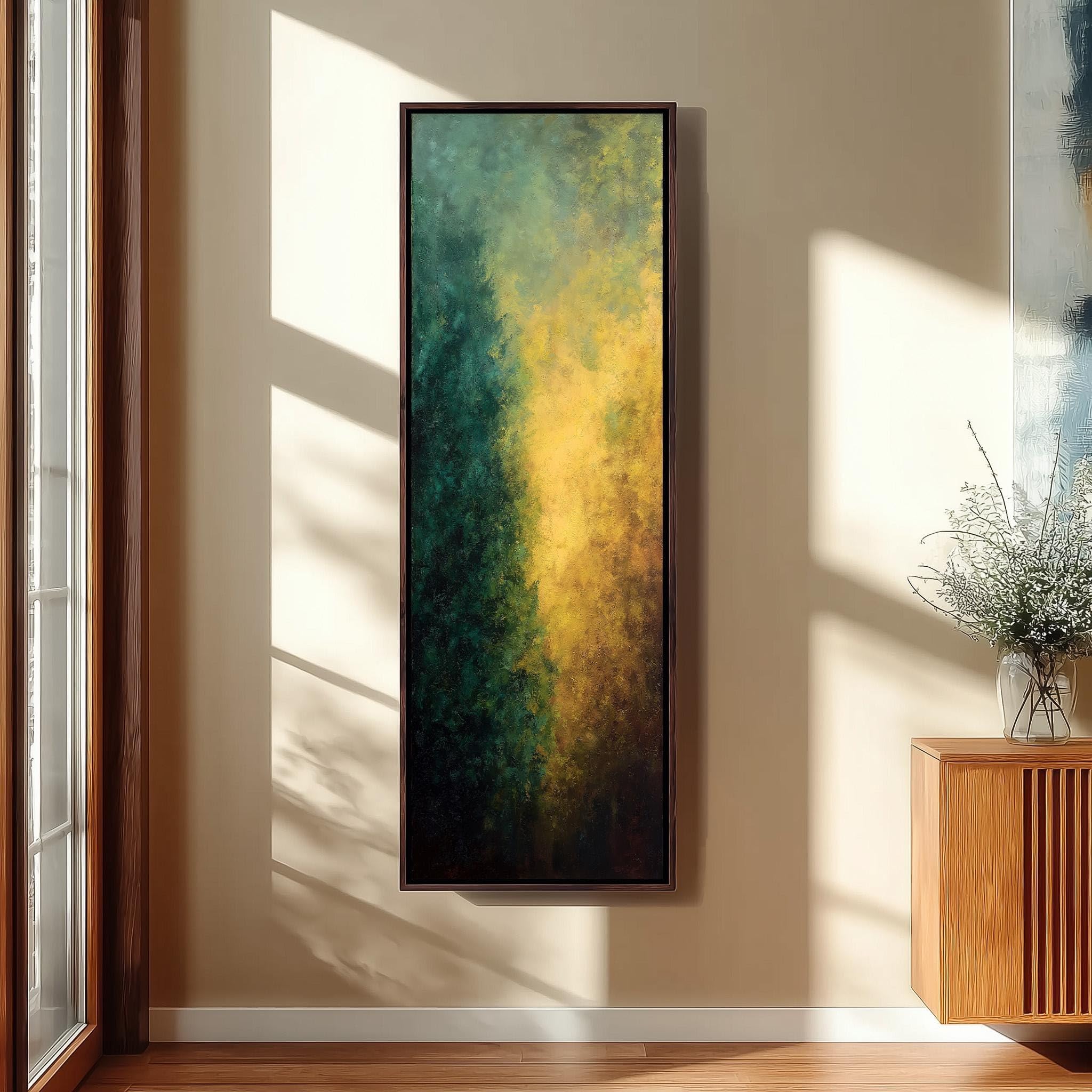 XINBAO Zielony długi obraz pionowy wysoki wąskie płótno, wydłużony druk leśny z efektem gradientu, nowoczesna dekoracja ścienna (50 x 150 cm / rama wewnętrzna).