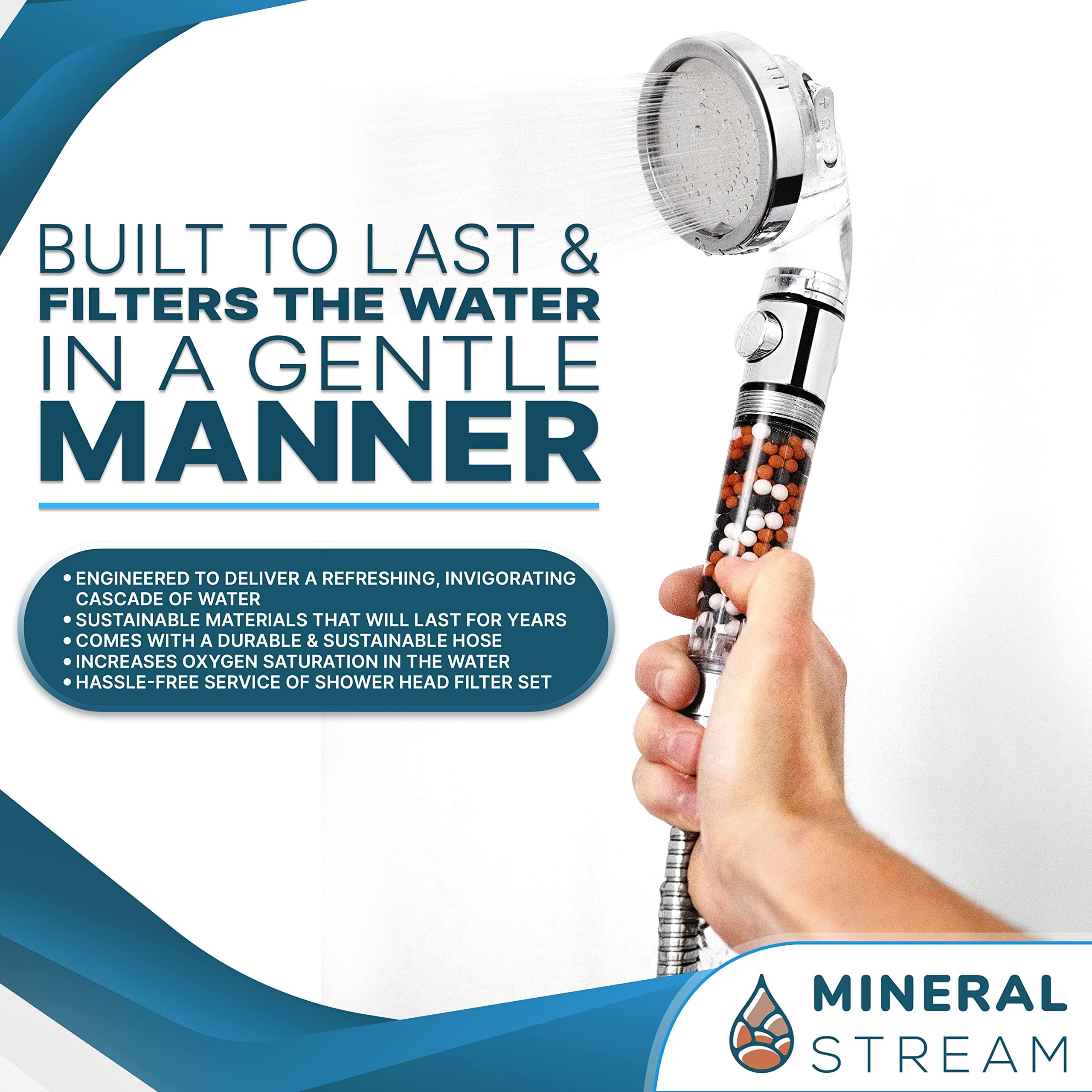 MineralStream Cabezal de ducha iónico 2.0 + manguera, cabezales de ducha Ecowater Spa para cabello seco y piel, 3 ajustes, cabezal de ducha de alta presión con cuentas de filtro