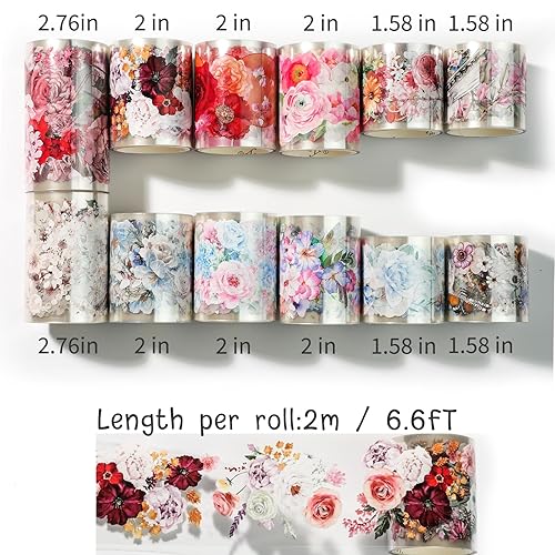 Miniatura 3 de Juego de 12 Rollos de Cinta Washi Floral de PET y Pegatinas de PET – Fácil de Usar para Journaling y Elaboración de Tarjetas, Ideal