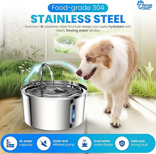 Miniatura 2 de Fuente de agua inalámbrica para gatos de acero inoxidable, dispensador automático de agua de 4 litros para perros, gatos y otras mascotas, fuente de