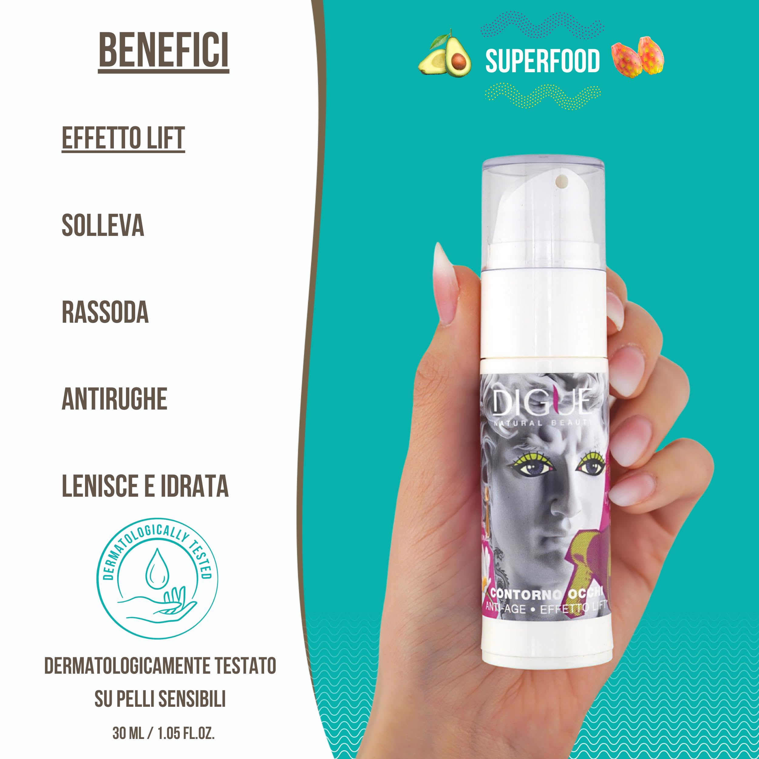 DIGUE® Crema Borse e Occhiaie - Contorno Occhi Rassodante SuperFood - Azione Lenitiva istantanea contro i gonfiori, Testato su Pelli Sensibili - Lifting Uomo e Donna, da 30 ml Made in Italy