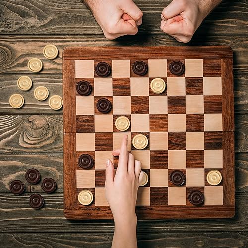 Miniatura 5 de Juego de 30 piezas apilables de madera clásicas, juego de 30 piezas de damas, 5 dados, 2 bolsas de almacenamiento con cordón, damas (1.2 pulgadas de