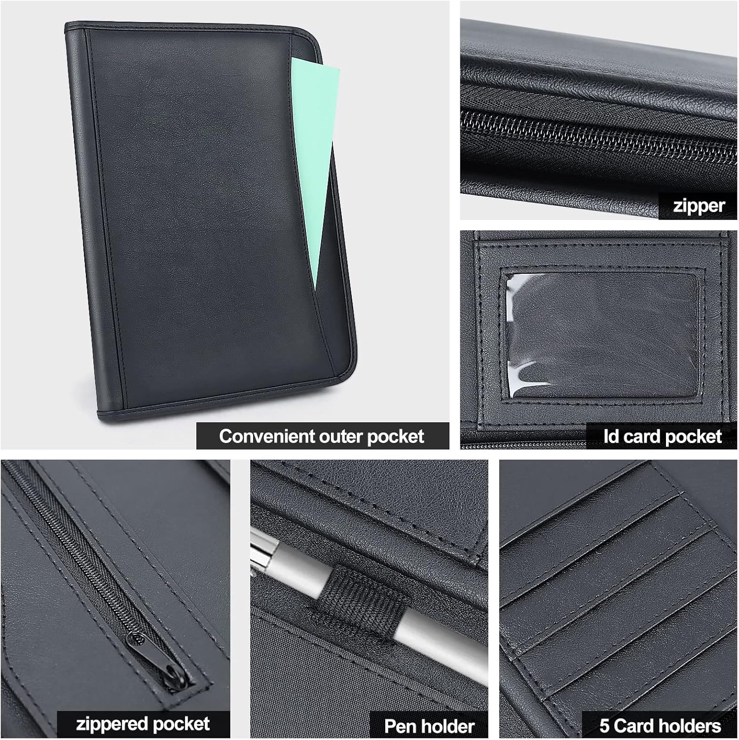 Godery Zippered Padfolio Portfolio Binder, Leather Business Portfolio, & 8.5 x 11 Legal Pad, Office Supplies Organizer, Black Zippered Pocket, Planners, Resume, Briefcase for Travel and Interview