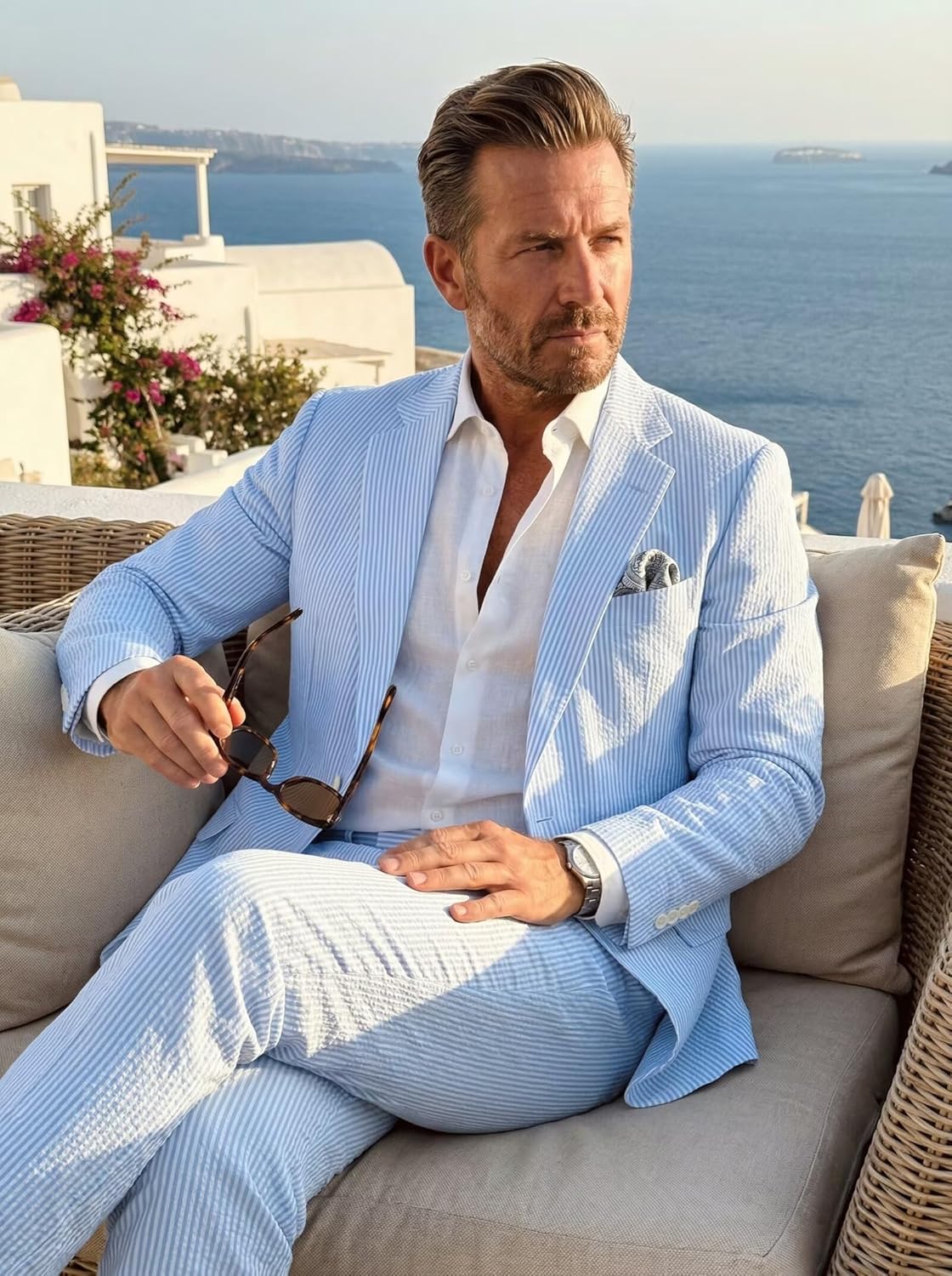 Seersucker Suit Mens 2 Piece Summer Beach Wedding Outfit for Men Classic Fit Casual Sear Sucker Suit for Grooms Prom Party
