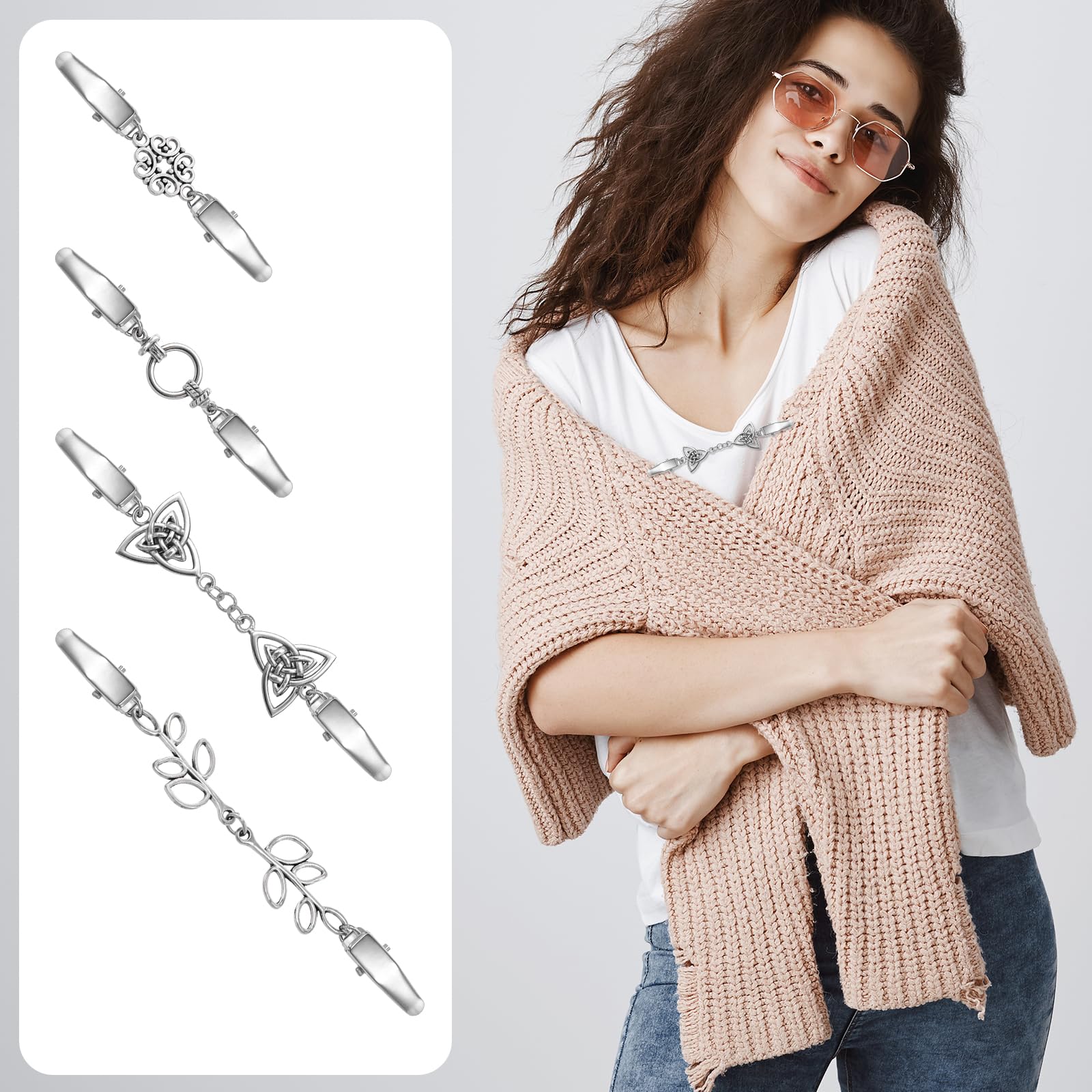JJUNW 4 sztuki klipsów do kardiganu w stylu vintage, metalowe broszki, srebrne bluzki i sukienki, retro, eleganckie zapięcie