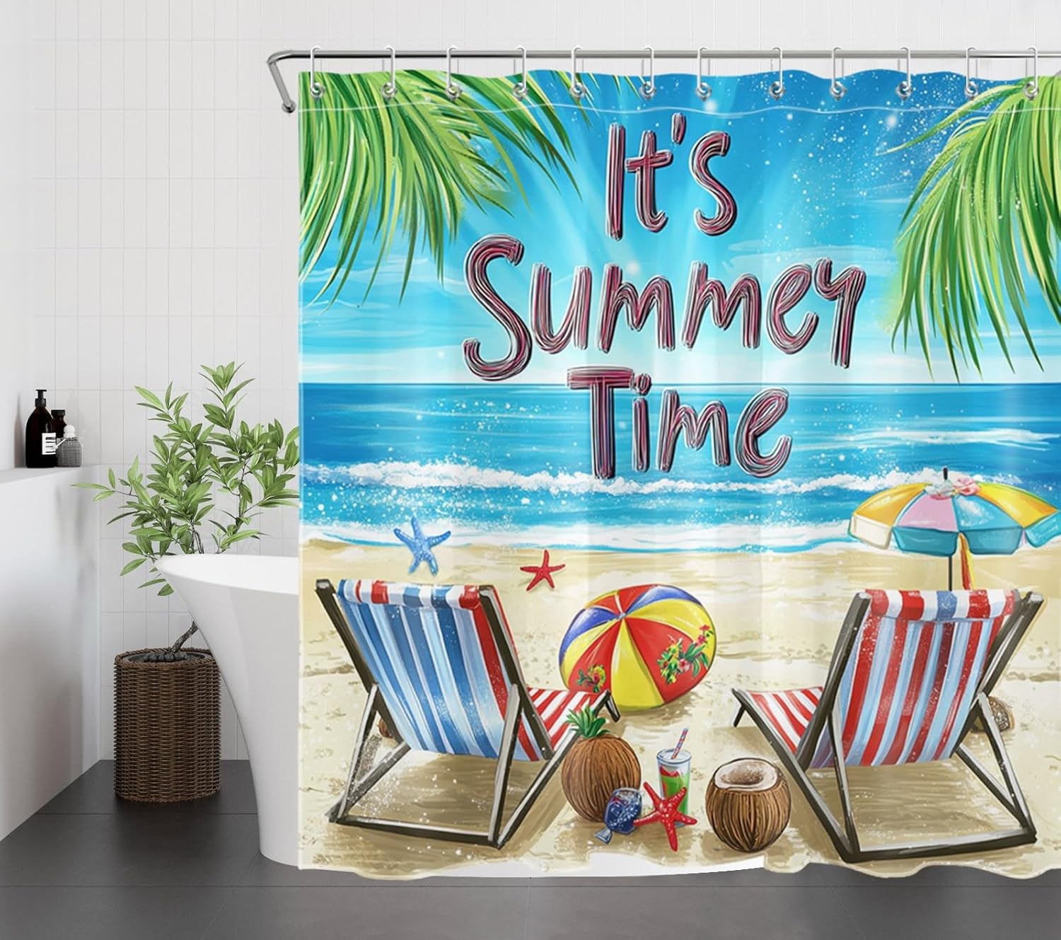 LB Summer Coastal Shower Curtain Blue Ocean Green Tropical Leaf Beach Loungers Shower Curtain Set with Hooks and Bath Mat,Bathroom Waterproof Washable Fabric,72x72 inch