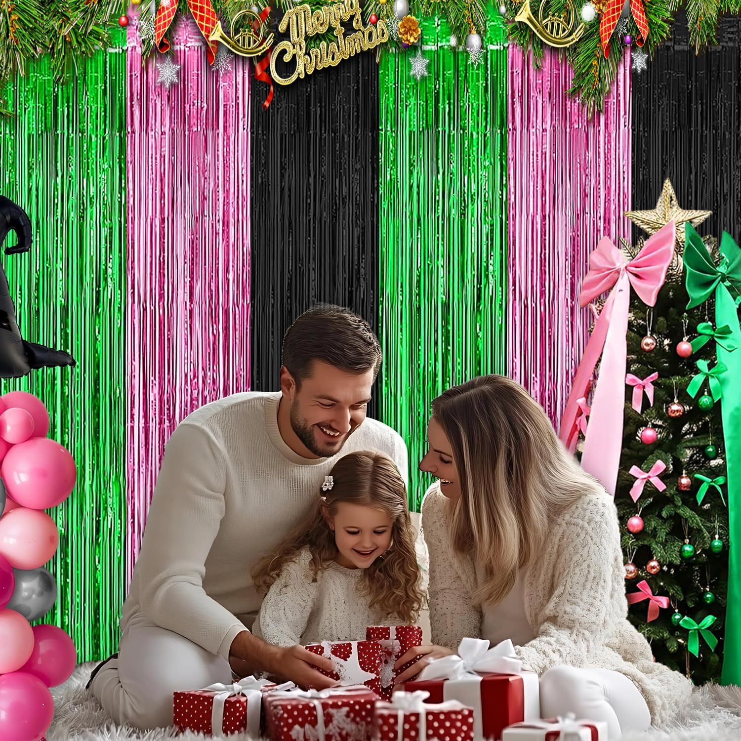 Pink Green Black Foil Fringe Curtains Backdrop Birthday Party Decorations, 4 Pack 3.28 x 6.56 Ft Witch Themed Tinsel Streamer Banner Photo Booth Props for Video Game Party Decor Supplies Favors