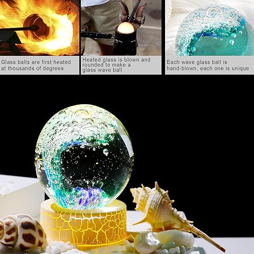 Miniatura 3 de Figuras de bola de cristal hechas a mano con olas del océano sopladas a mano, orbes azules con decoración de acuario verde, bola de vidrio