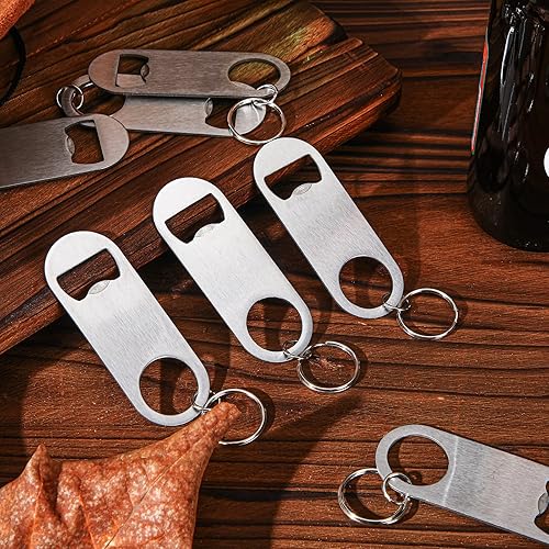 Miniatura 3 de Therwen 100 unidades de abridor de botellas plano de acero inoxidable a granel plateado de 3.5 x 1.3 pulgadas abrebotellas con llavero para hombres