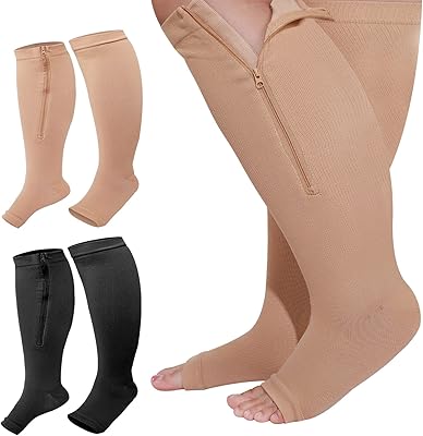 Hillban 2 Pair Plus Size Calf Zipper Compression Socks 15 to 20 Mmhg Open Toe Compression Stockings for Overweight Women Men