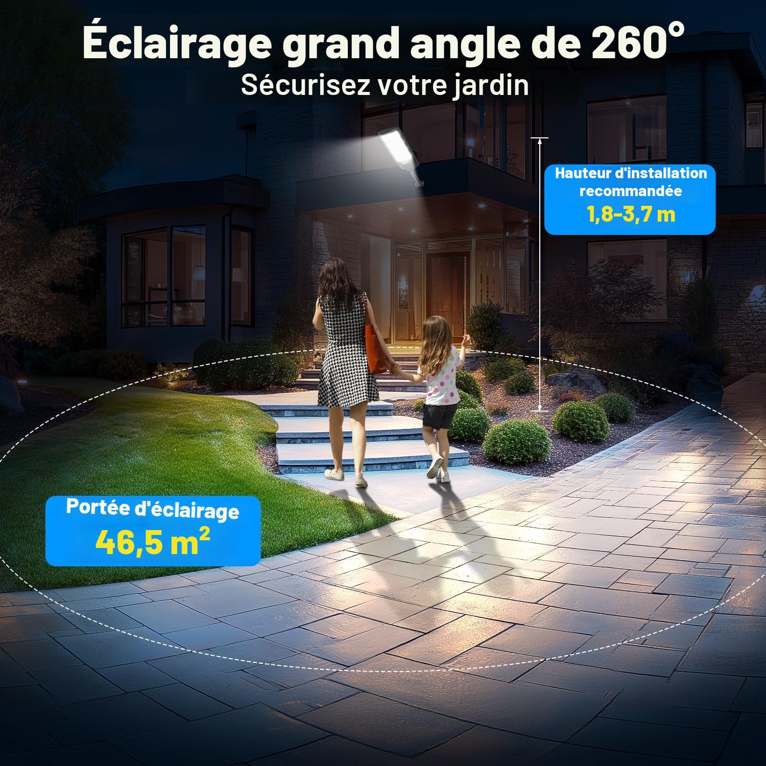 600W Lampadaires solaires extérieurs, Projecteur LED solaire 6500K, IP66 étanche eclairage solaire avec détecteur de mouvement et télécommande, lumières de sécurité lampadaire de jardin garage