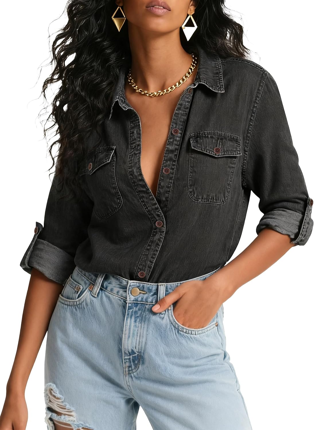 HOCAIES Women's Button Down Denim Shirts Gray Denim Western Chambray Blouse - Women Long Sleeve Fall Victorian Top Size 16 to 18 X-Large