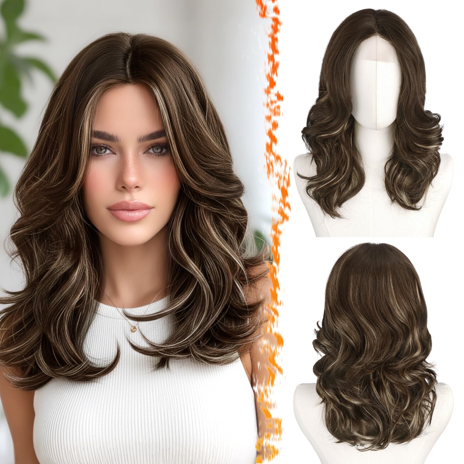 BARSDAR Short Wavy Brown Ombre Layered Wig - Shoulder Length Wavy Brown Wigs for Women - Short Loose Wave Textured Layered Wig with Face-Framing Curtain Bangs Soft Synthetic Natural Looking Daily — view 17